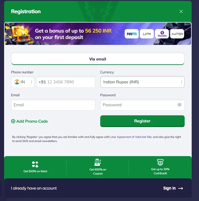 valor bet registration