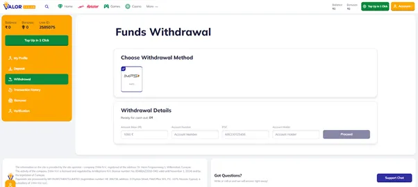 valor bet withdrawal